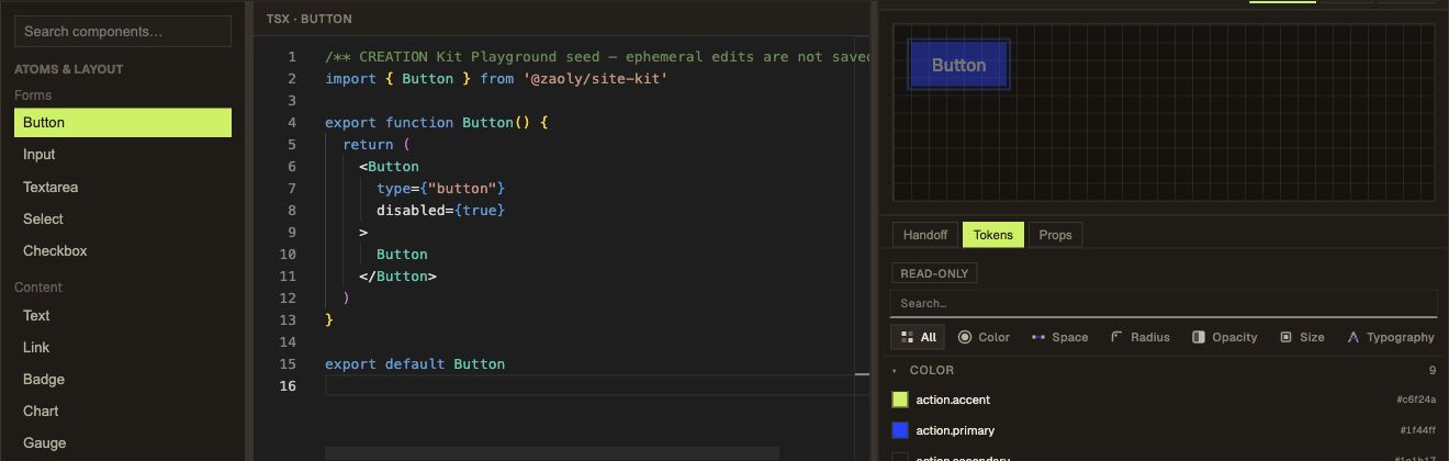 Zaoly Kit Playground showing a component list, TSX code, live preview, and token panel
