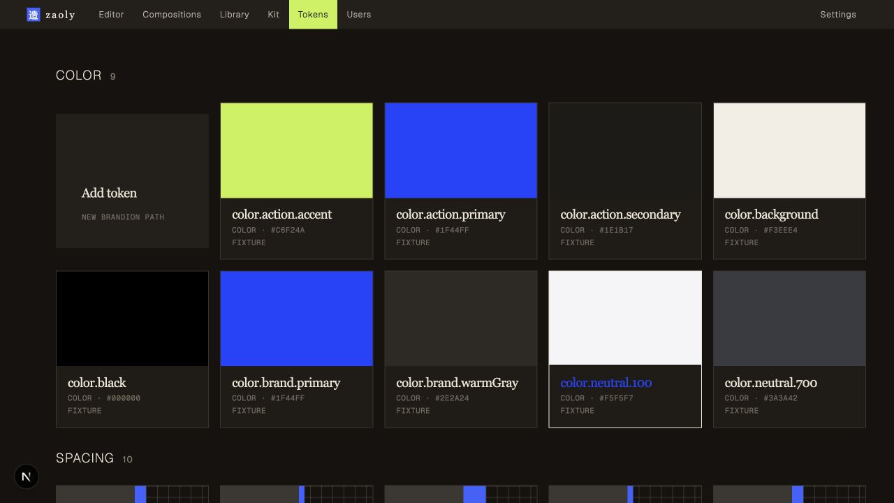 Zaoly Token Studio app view showing color tokens from the local seed pack